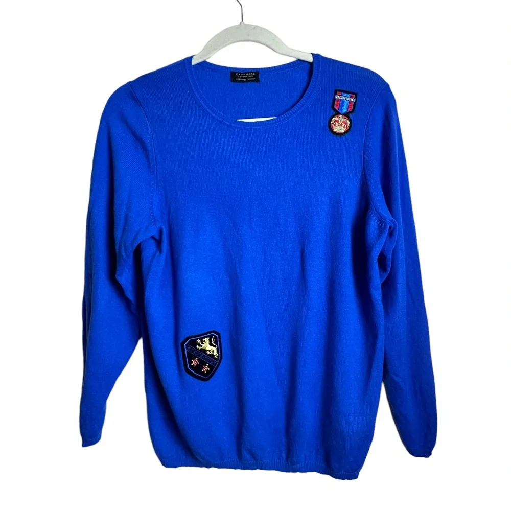 Charter Club Luxury Cashmere Crewneck Sweater with Patches Bright Blue Size XL - Picture 1 of 11